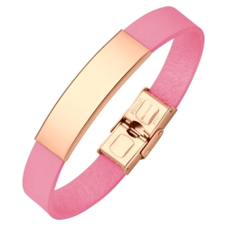 BALCANO - Bracelet en cuir rose avec tête rectangulaire gravable en acier inoxydable plaqué or rose 18K