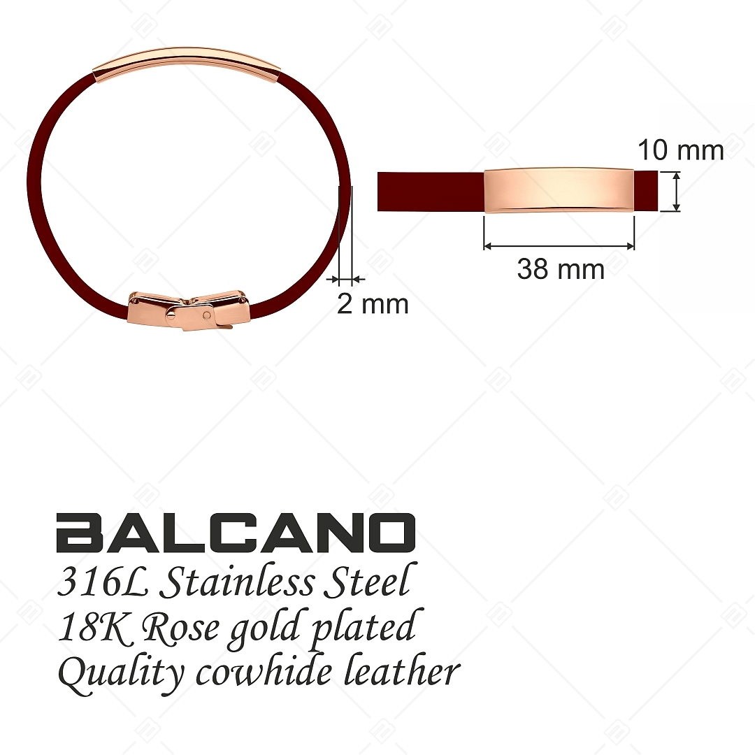 BALCANO - Burgunderrot Leder Armband mit gravierbarem rechteckigen Kopfstück aus 18K rosévergoldetem Edelstahl (551096LT29)