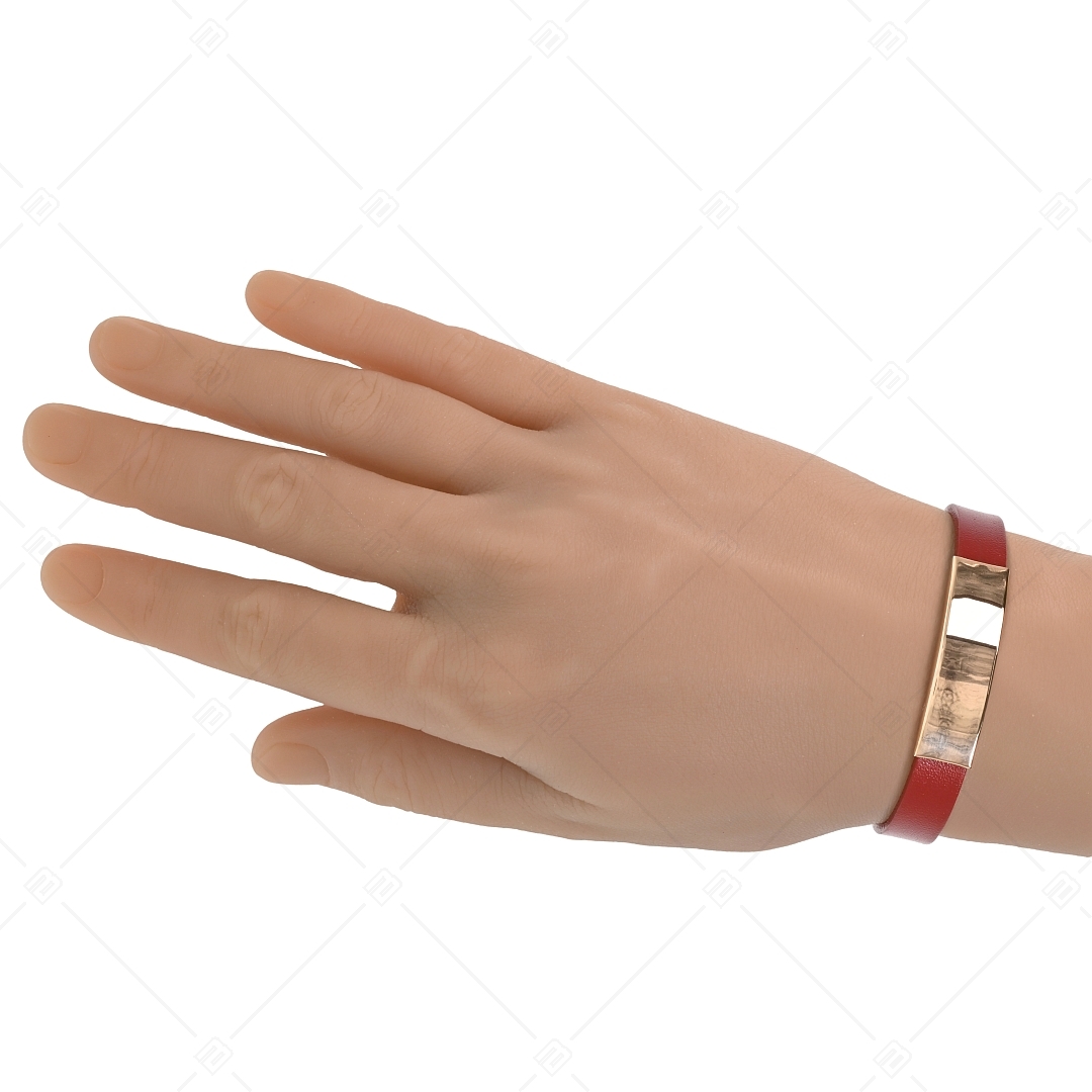 BALCANO - Bracelet en cuir bordeaux avec tête rectangulaire gravable en acier inoxydable plaqué or rose 18K (551096LT29)