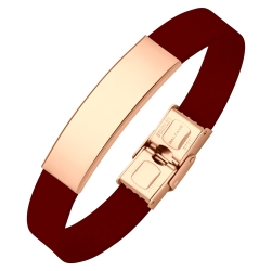 BALCANO - Bracelet en cuir bordeaux avec tête rectangulaire gravable en acier inoxydable plaqué or rose 18K