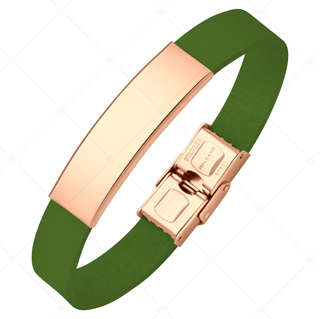 BALCANO - Grünes Leder Armband mit gravierbarem rechteckigen Kopfstück aus 18K rosévergoldetem Edelstahl (551096LT38)
