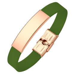 BALCANO - Bracelet en cuir vert avec tête rectangulaire gravable en acier inoxydable plaqué or rose 18K