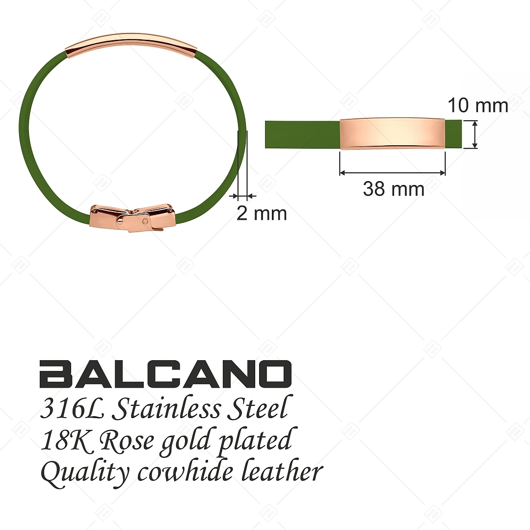 BALCANO - Grünes Leder Armband mit gravierbarem rechteckigen Kopfstück aus 18K rosévergoldetem Edelstahl (551096LT38)