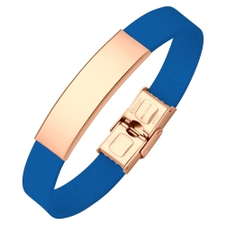 BALCANO - Blue Leather Bracelet With Engravable Rectangular 18K Rose Gold Plated Stainless Steel Headpiece