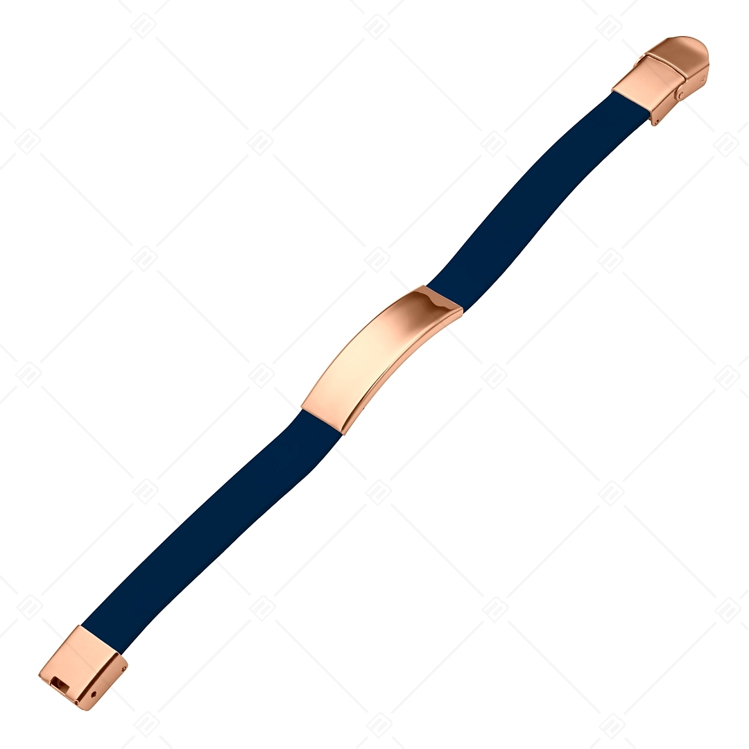 BALCANO - Dunkel blaues Leder Armband mit gravierbarem rechteckigen Kopfstück aus 18K rosévergoldetem Edelstahl (551096LT49)
