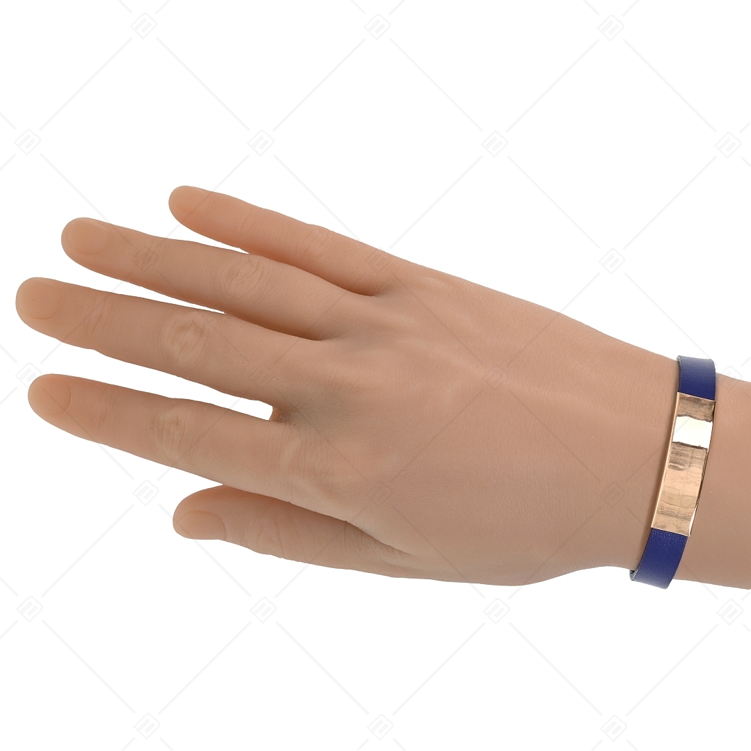 BALCANO - Dunkel blaues Leder Armband mit gravierbarem rechteckigen Kopfstück aus 18K rosévergoldetem Edelstahl (551096LT49)