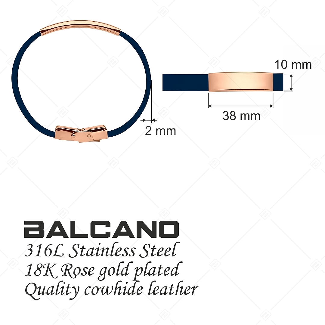 BALCANO - Bracelet en cuir bleu foncé avec tête rectangulaire gravable en acier inoxydable plaqué or rose 18K (551096LT49)