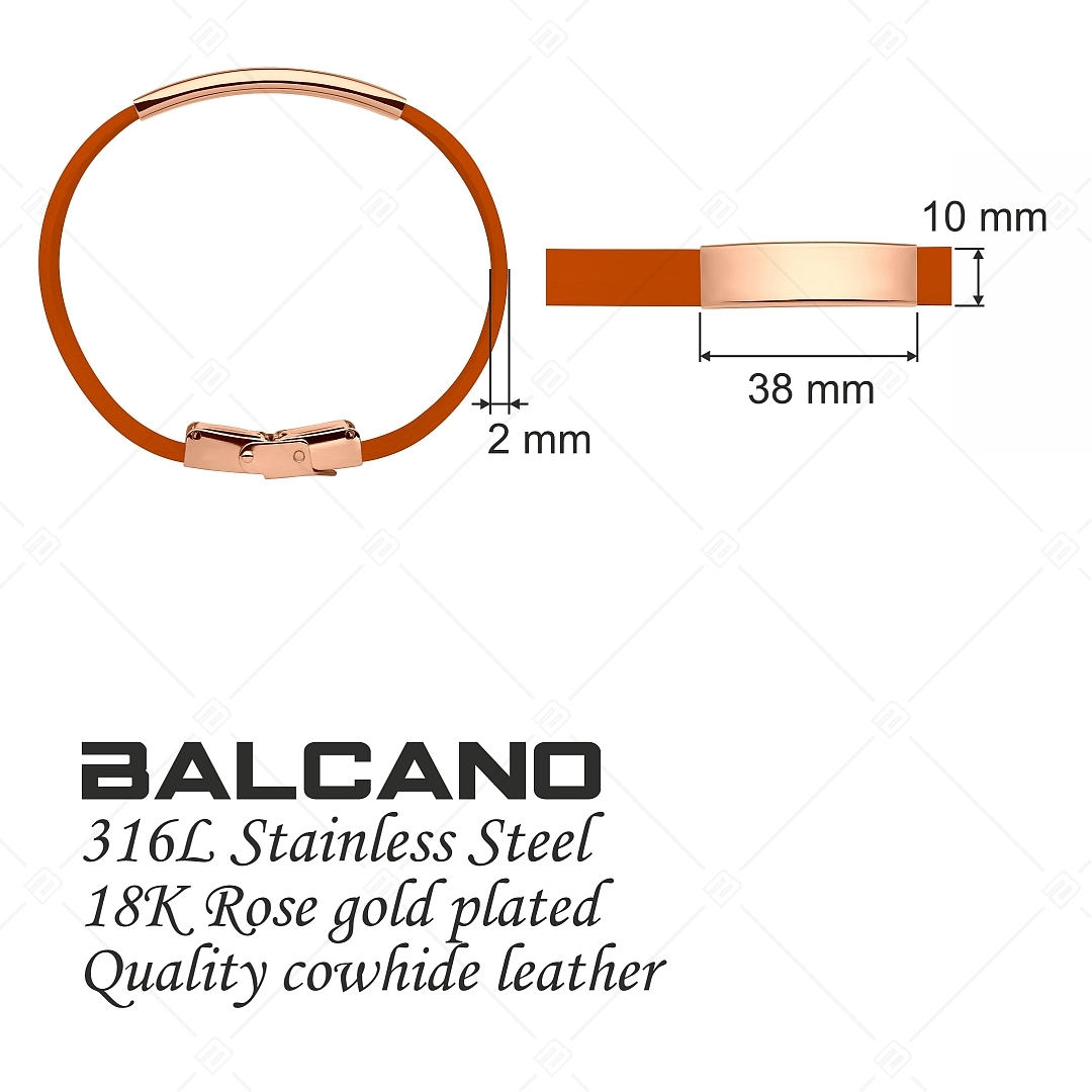 BALCANO - Orange Leder Armband mit gravierbarem rechteckigen Kopfstück aus 18K rosévergoldetem Edelstahl (551096LT55)
