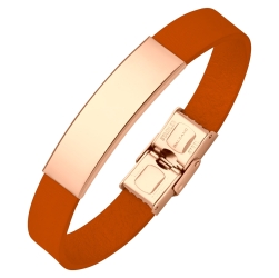 BALCANO - Orange Leder Armband mit gravierbarem rechteckigen Kopfstück aus 18K rosévergoldetem Edelstahl