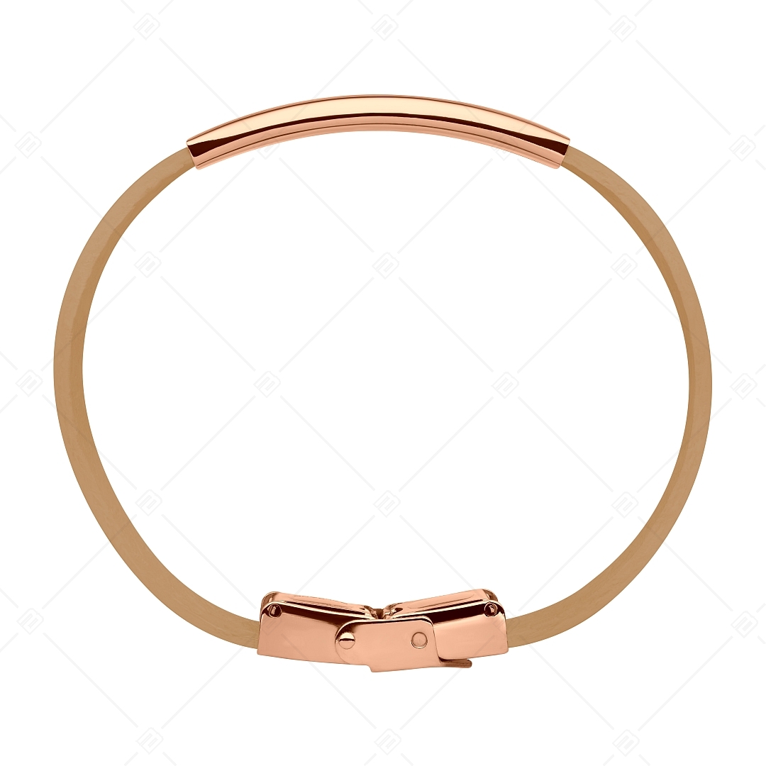 BALCANO - Light brown leather bracelet with engravable rectangular 18K rose gold plated stainless steel headpiece (551096LT68)
