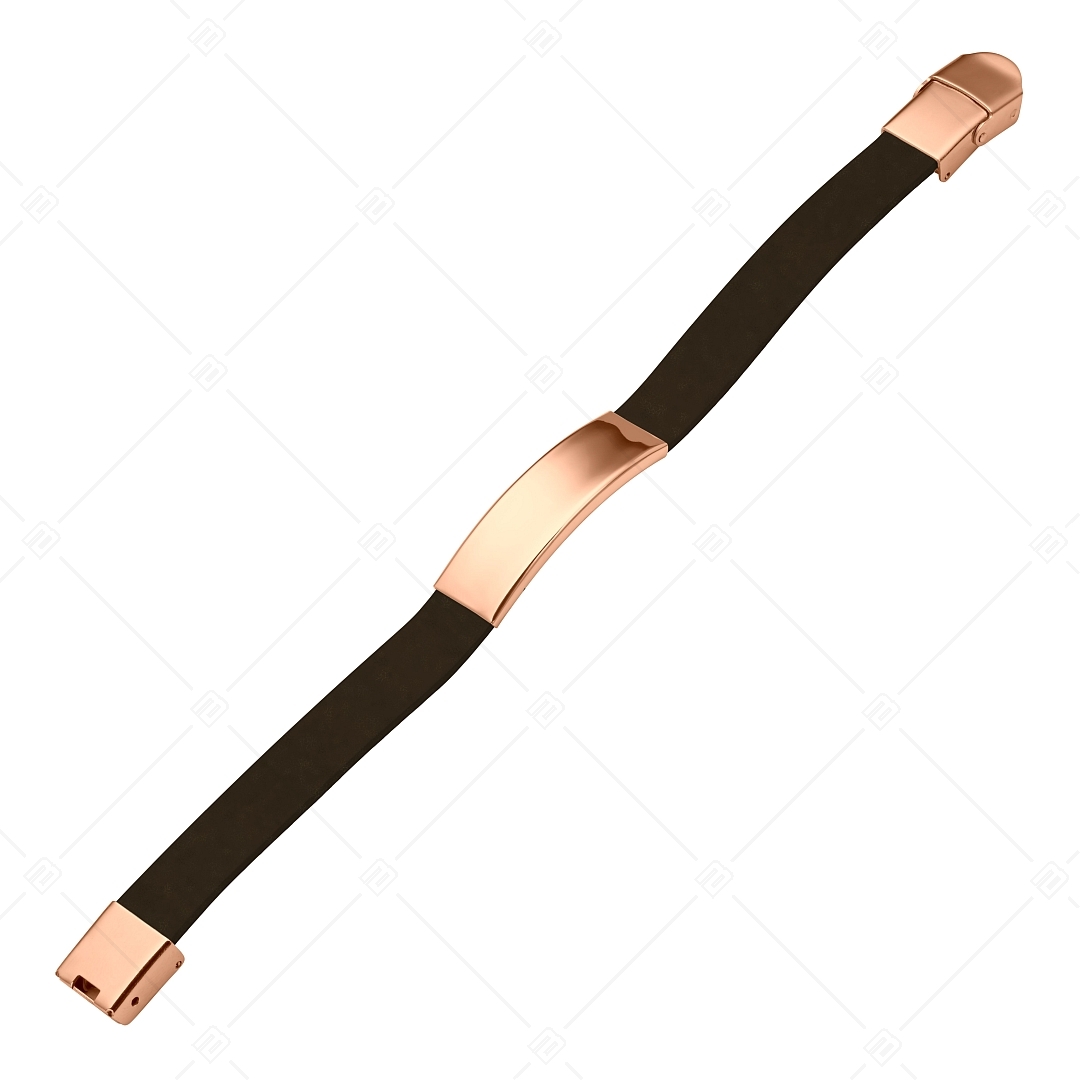 BALCANO - Bracelet en cuir brun foncé avec tête rectangulaire gravable en acier inoxydable plaqué or rose 18K (551096LT69)