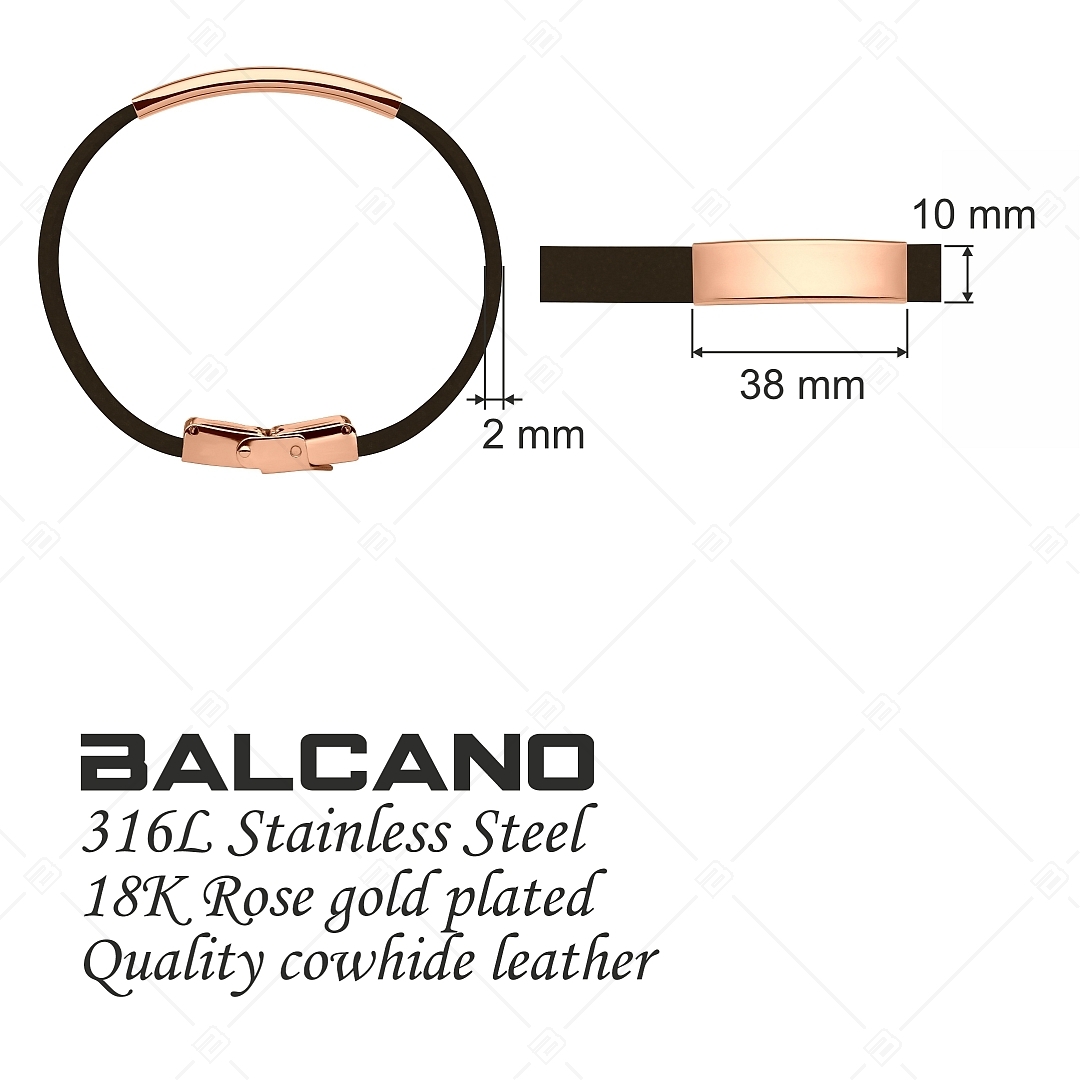BALCANO - Dark Brown Leather Bracelet With Engravable Rectangular 18K Rose Gold Plated Stainless Steel Headpiece (551096LT69)