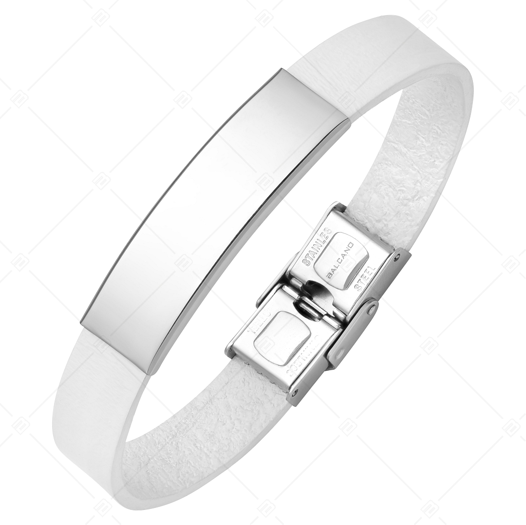 BALCANO - White leather bracelet with engravable rectangular stainless steel headpiece (551097LT00)