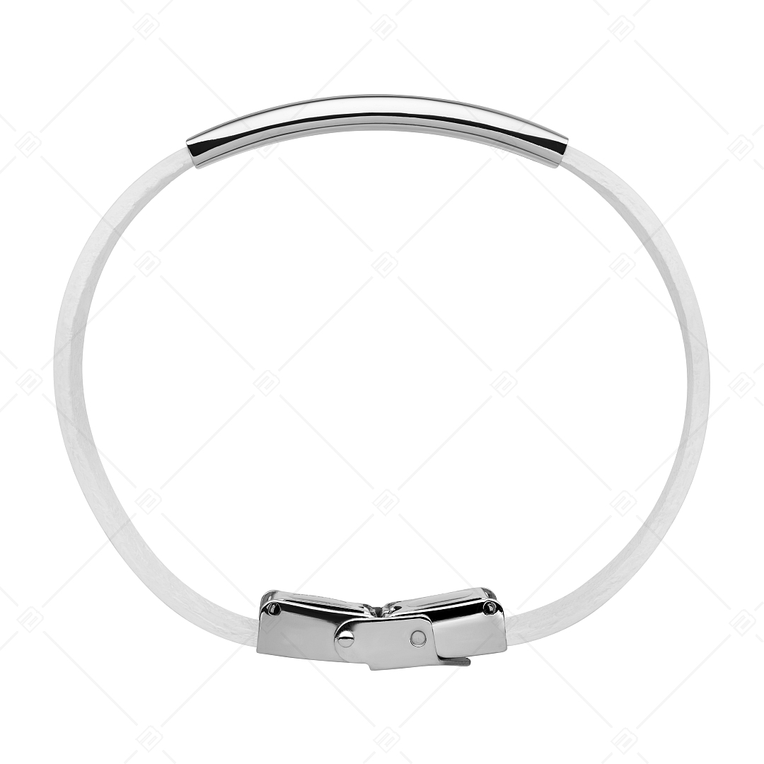 BALCANO - White Leather Bracelet With Engravable Rectangular Stainless Steel Headpiece (551097LT00)