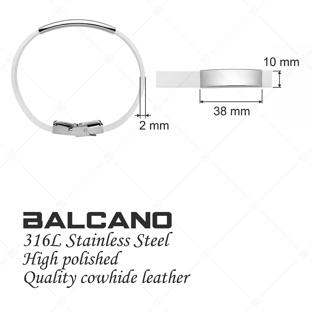 BALCANO - White leather bracelet with engravable rectangular stainless steel headpiece (551097LT00)