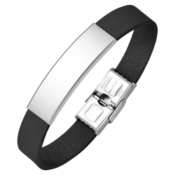 BALCANO - Black Leather Bracelet With Engravable Rectangular Stainless Steel Headpiece