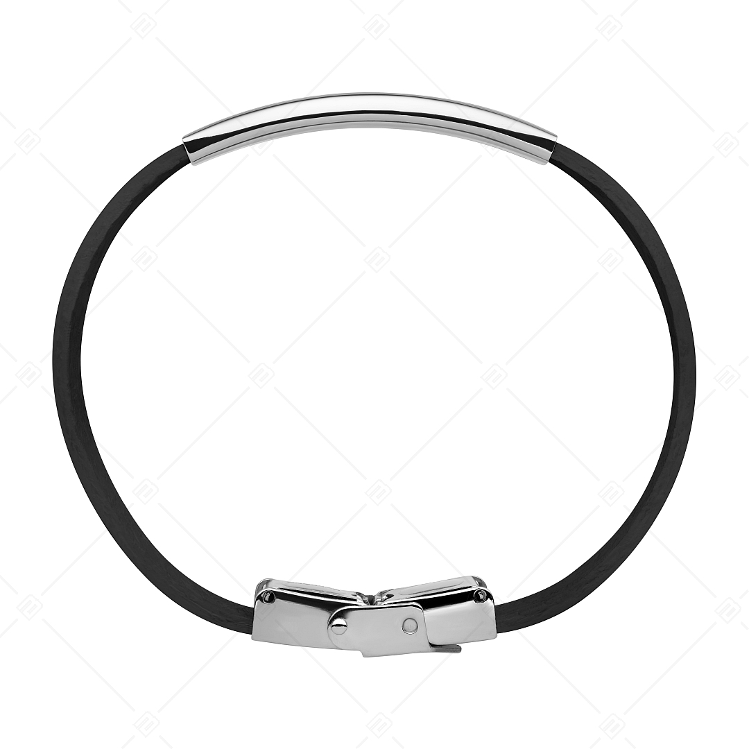 BALCANO - Black Leather Bracelet With Engravable Rectangular Stainless Steel Headpiece (551097LT11)
