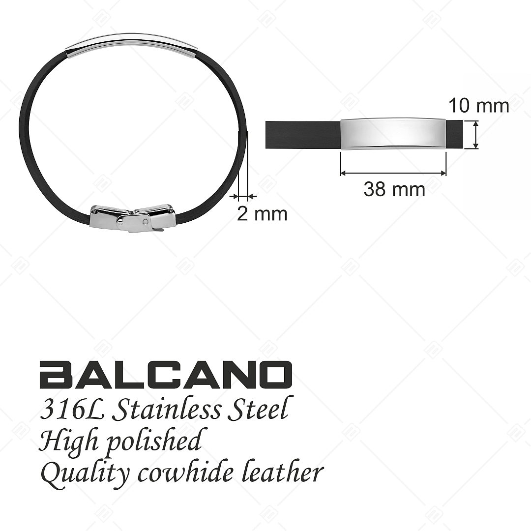 BALCANO - Bracelet en cuir noir avec tête rectangulaire gravable en acier inoxydable (551097LT11)