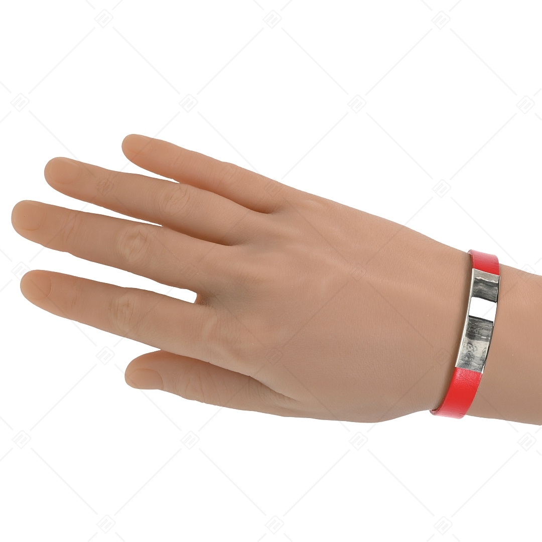 BALCANO - Red Leather Bracelet With Engravable Rectangular Stainless Steel Headpiece (551097LT22)