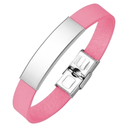 BALCANO - Bracelet en cuir rose avec tête rectangulaire gravable en acier inoxydable