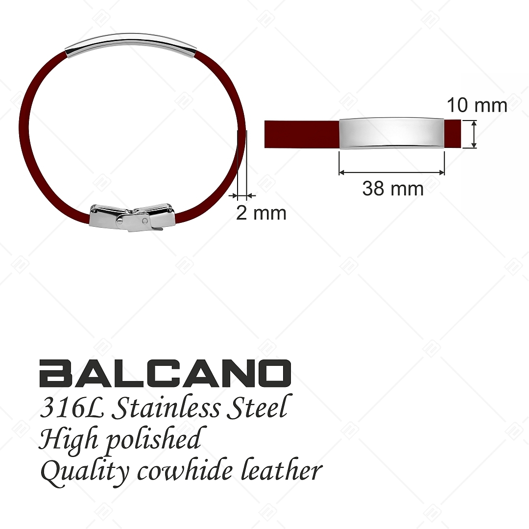 BALCANO - Burgundy Leather Bracelet With Engravable Rectangular Stainless Steel Headpiece (551097LT29)