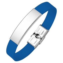 BALCANO - Blue Leather Bracelet With Engravable Rectangular Stainless Steel Headpiece