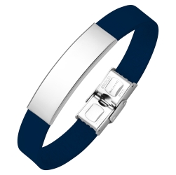 BALCANO - Dark Blue Leather Bracelet With Engravable Rectangular Stainless Steel Headpiece