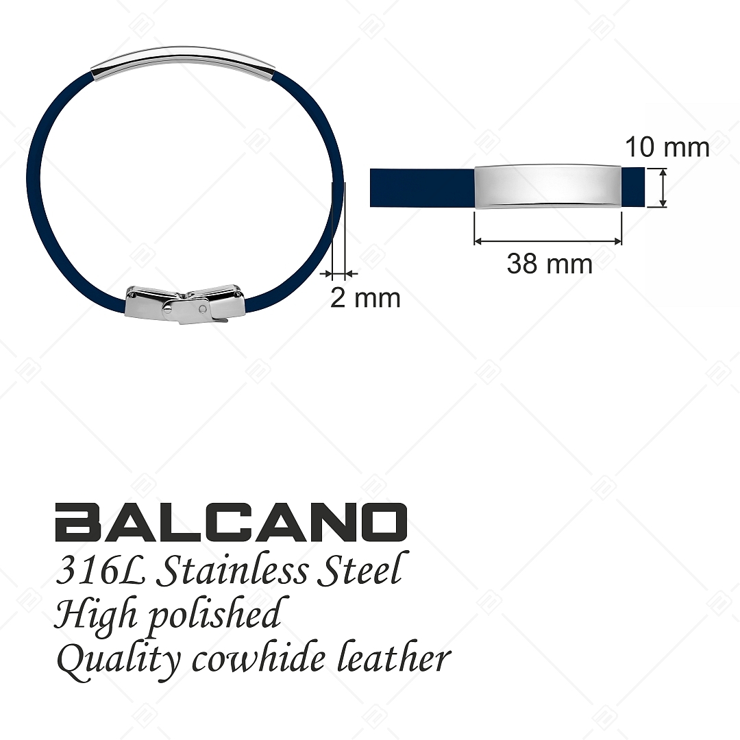 BALCANO - Dunkelblaues Leder Armband mit gravierbarem rechteckigen Kopfstück aus Edelstahl (551097LT49)
