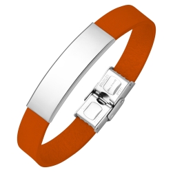 BALCANO - Orange Leather Bracelet With Engravable Rectangular Stainless Steel Headpiece
