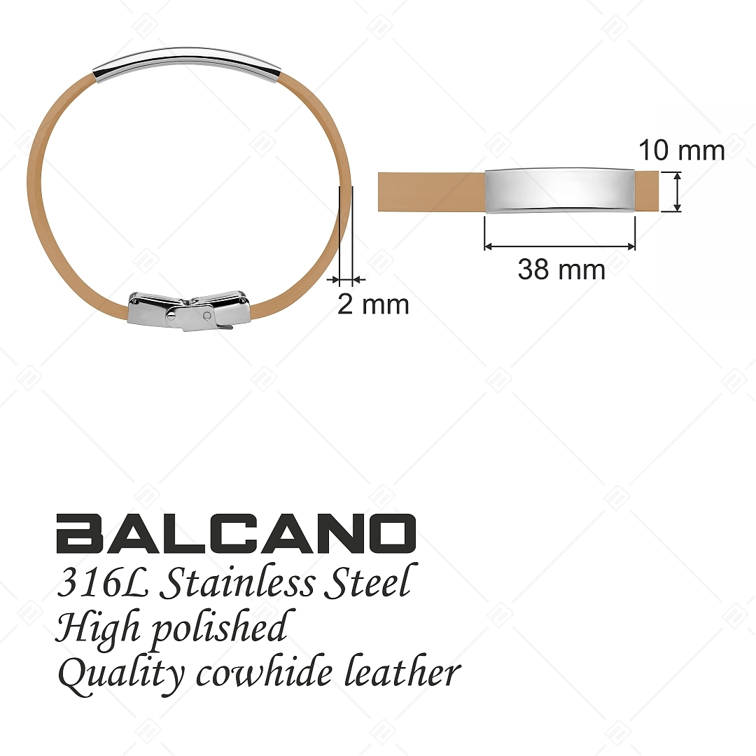 BALCANO - Light Brown Leather Bracelet With Engravable Rectangular Stainless Steel Headpiece (551097LT68)