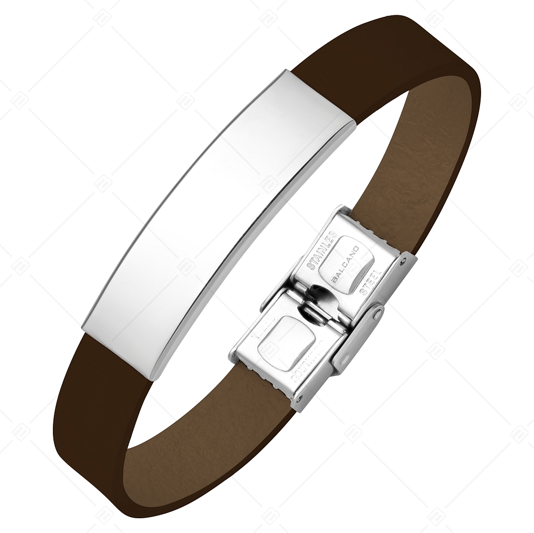BALCANO - Bracelet en cuir brun foncé avec tête rectangulaire gravable en acier inoxydable (551097LT69)