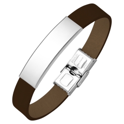 BALCANO - Dark Brown Leather Bracelet With Engravable Rectangular Stainless Steel Headpiece