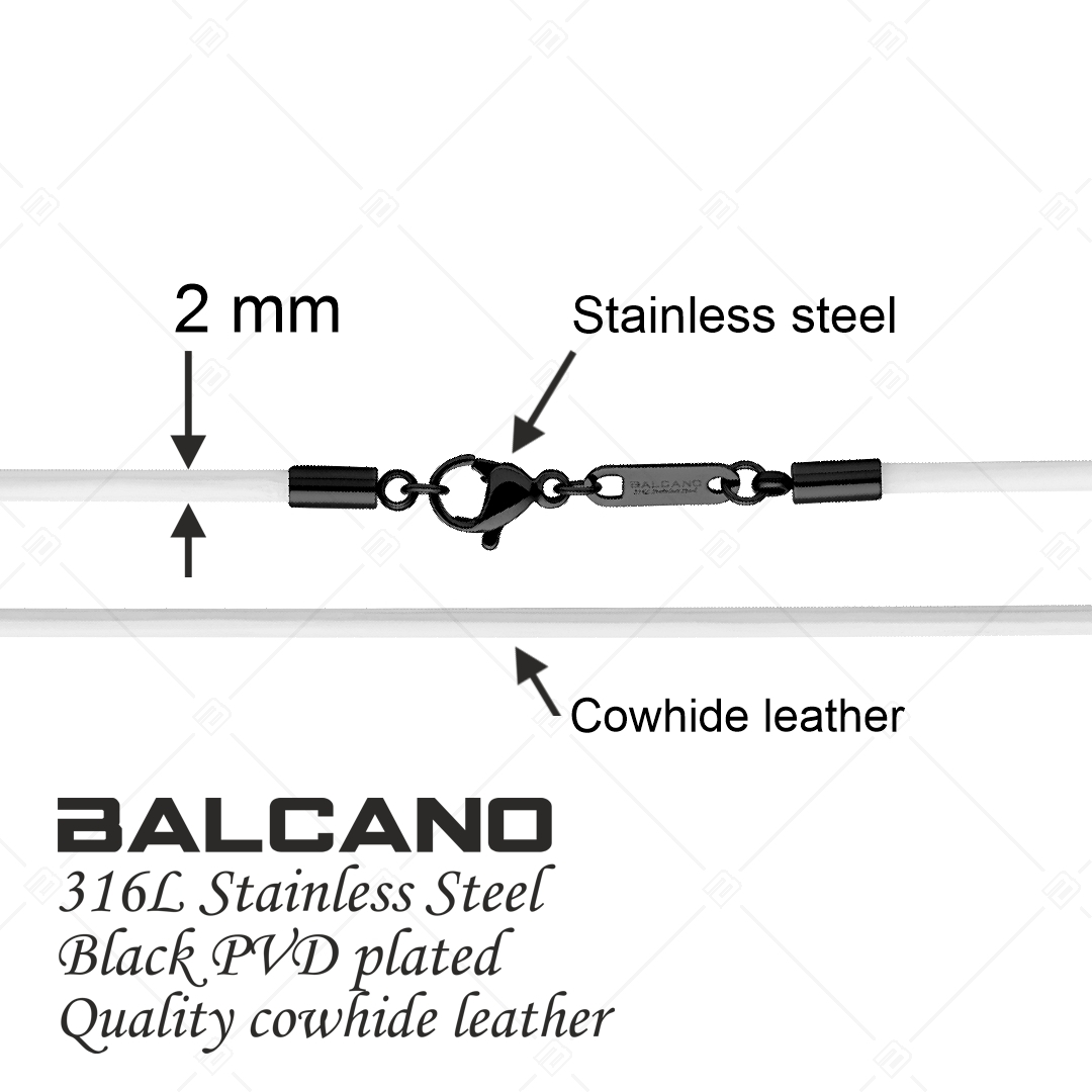 BALCANO - Cordino / Collier en cuir blanc avec fermoir à pince de homard en acier inoxydable, plaqué PVD noir - 2 mm (552011LT00)