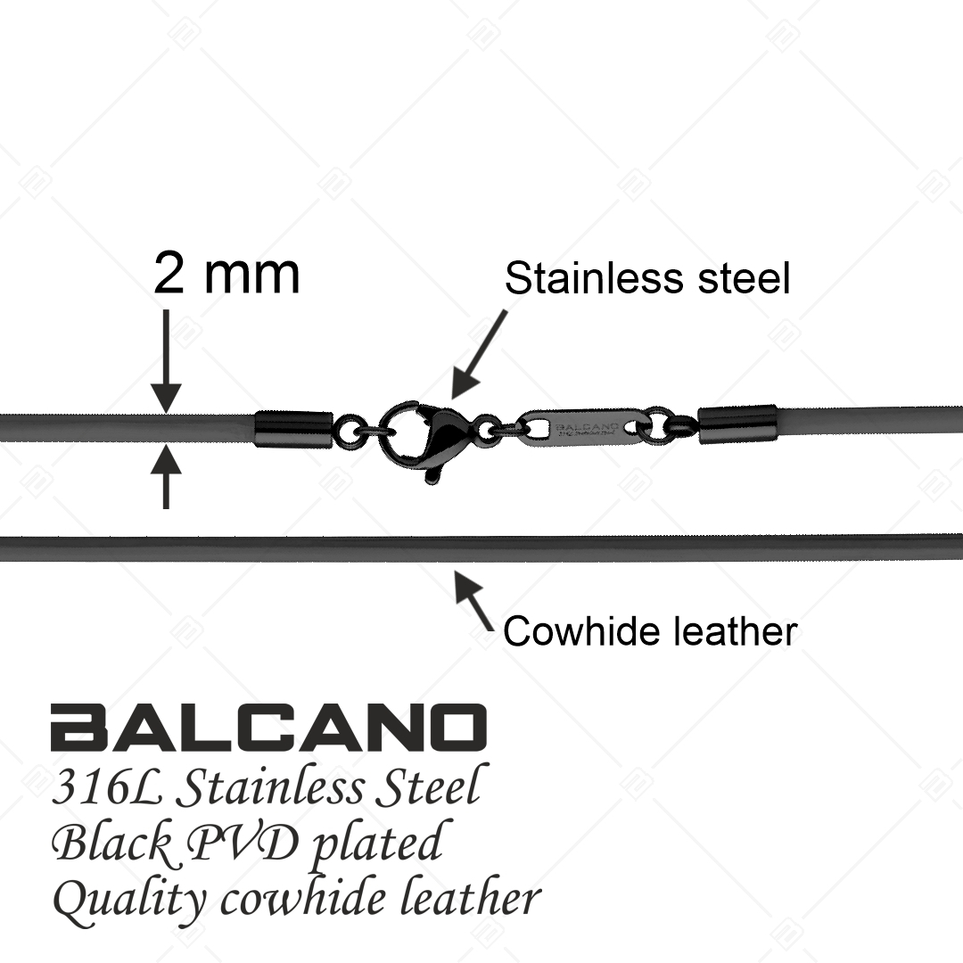 BALCANO - Cordino / Collier en cuir noir avec fermoir à pince de homard en acier inoxydable, plaqué PVD noir - 2 mm (552011LT11)