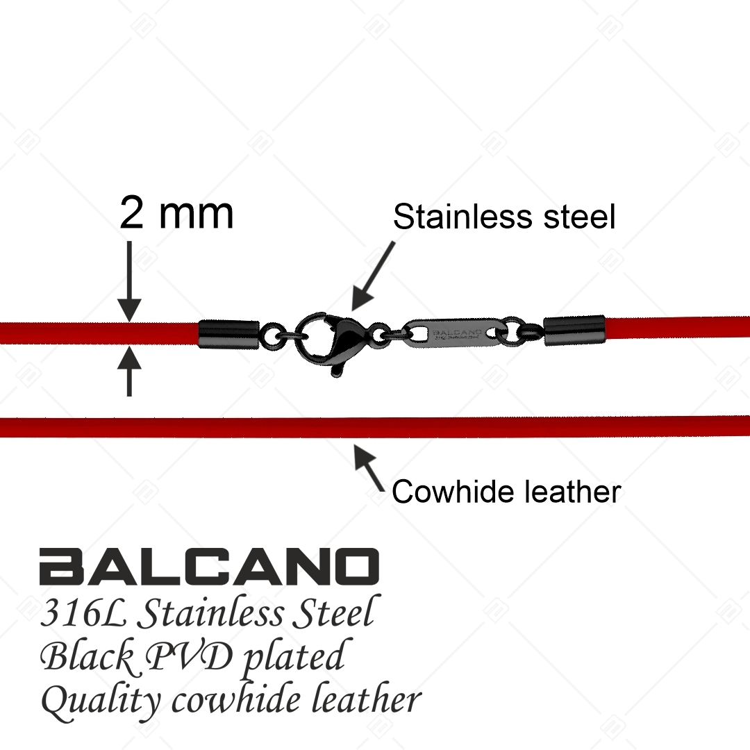 BALCANO - Cordino / Collier en cuir rouge avec fermoir à pince de homard en acier inoxydable, plaqué PVD noir - 2 mm (552011LT22)