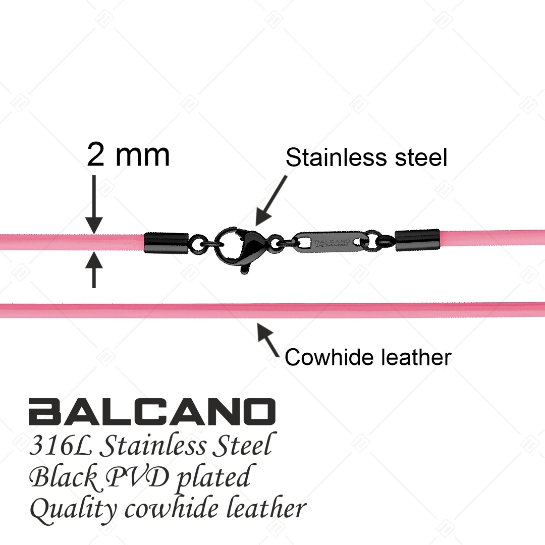 BALCANO - Cordino / Collier en cuir rose avec fermoir à pince de homard en acier inoxydable, plaqué PVD noir - 2 mm (552011LT28)
