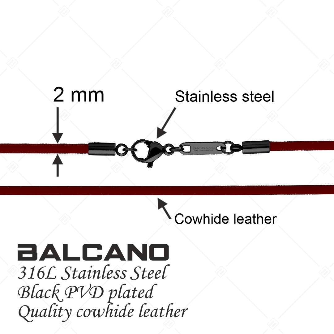 BALCANO - Cordino / Collier en cuir bordeaux avec fermoir à pince de homard en acier inoxydable, plaqué PVD noir - 2 mm (552011LT29)