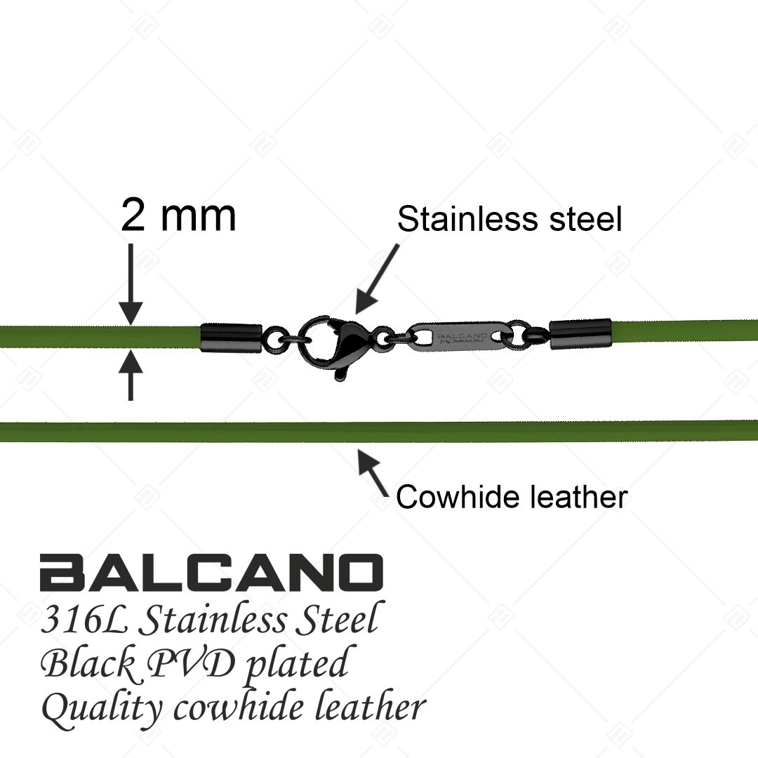 BALCANO - Cordino / Collier en cuir vert avec fermoir à pince de homard en acier inoxydable, plaqué PVD noir - 2 mm (552011LT38)