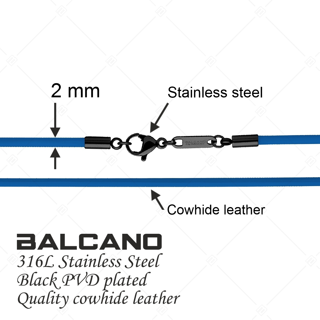 BALCANO - Cordino / Collier en cuir bleu avec fermoir à pince de homard en acier inoxydable, plaqué PVD noir - 2 mm (552011LT48)