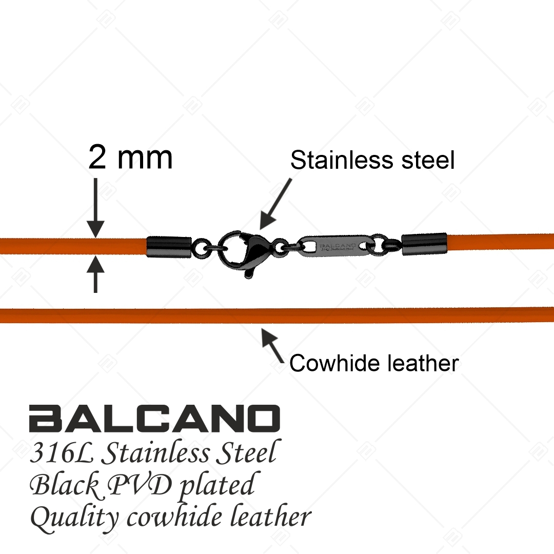 BALCANO - Cordino / Collier en cuir orange avec fermoir à pince de homard en acier inoxydable, plaqué PVD noir - 2 mm (552011LT55)