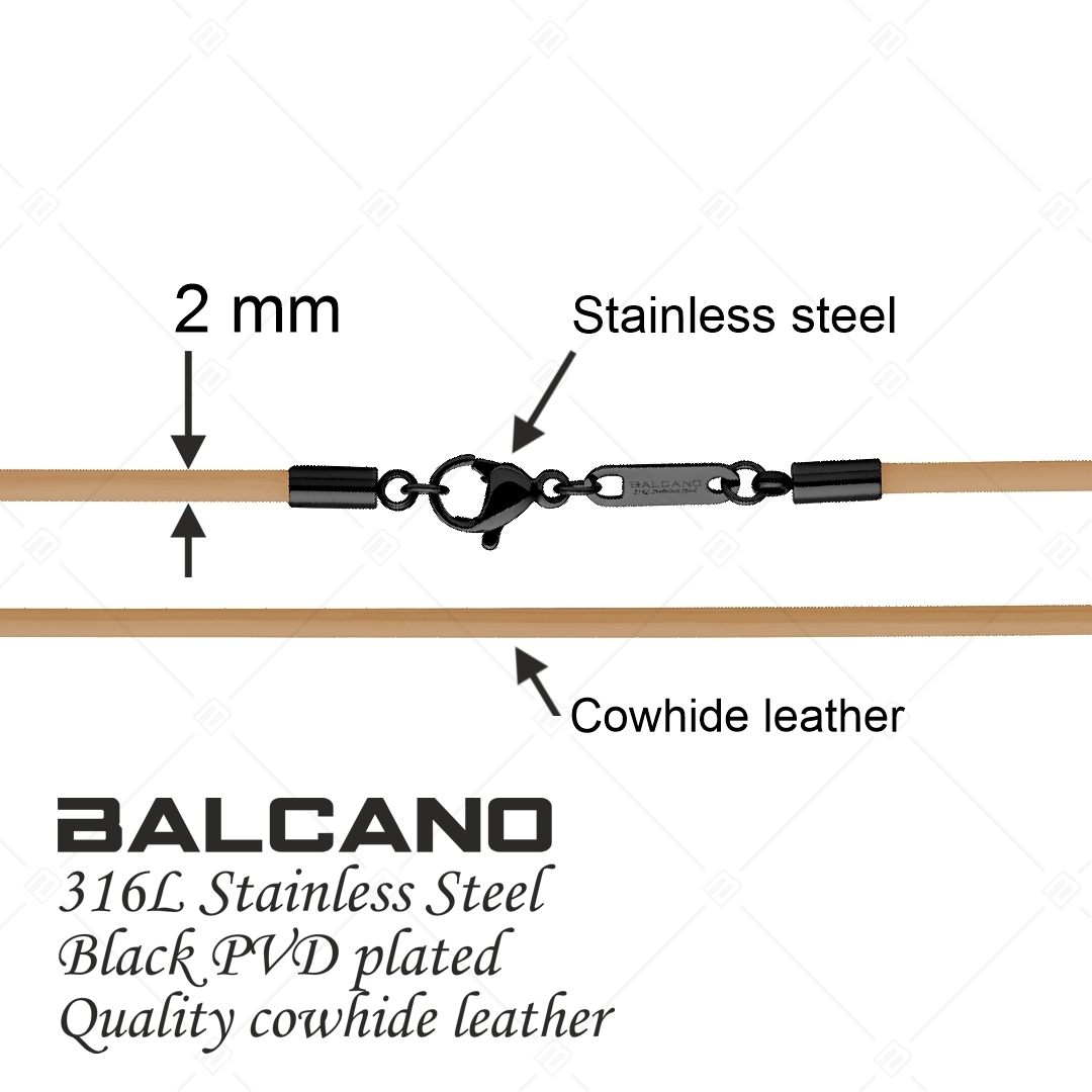BALCANO - Cordino / Collier en cuir brun pâle avec fermoir à pince de homard en acier inoxydable, plaqué PVD noir - 2 mm (552011LT68)