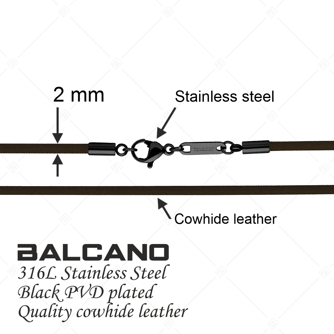 BALCANO - Cordino / Collier en cuir brun foncé avec fermoir à pince de homard en acier inoxydable, plaqué PVD noir -2 mm (552011LT69)