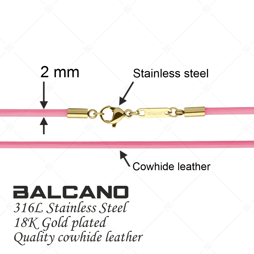 BALCANO - Cordino / Collier en cuir rose avec fermoir à pince de homard en acier inoxydable, plaqué or 18K - 2 mm (552088LT28)
