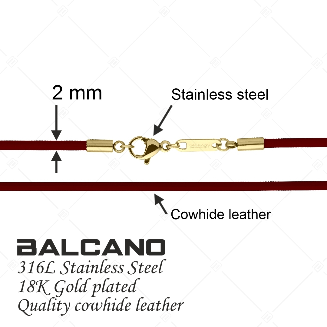 BALCANO - Cordino / Collier en cuir  bordeaux avec fermoir à pince de homard en acier inoxydable, plaqué or 18K - 2 mm (552088LT29)