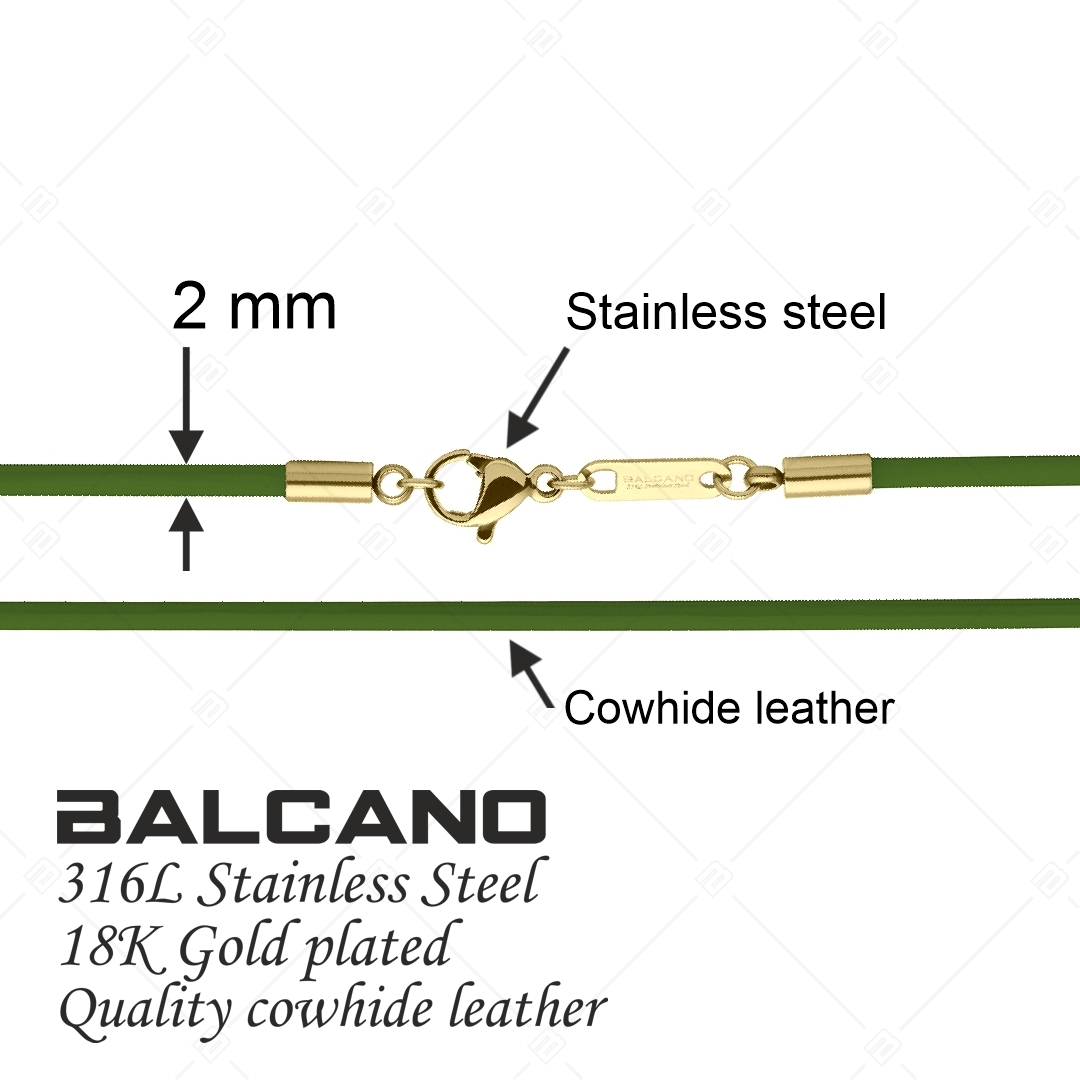 BALCANO - Cordino / Collier en cuir vert avec fermoir à pince de homard en acier inoxydable, plaqué or 18K - 2 mm (552088LT38)