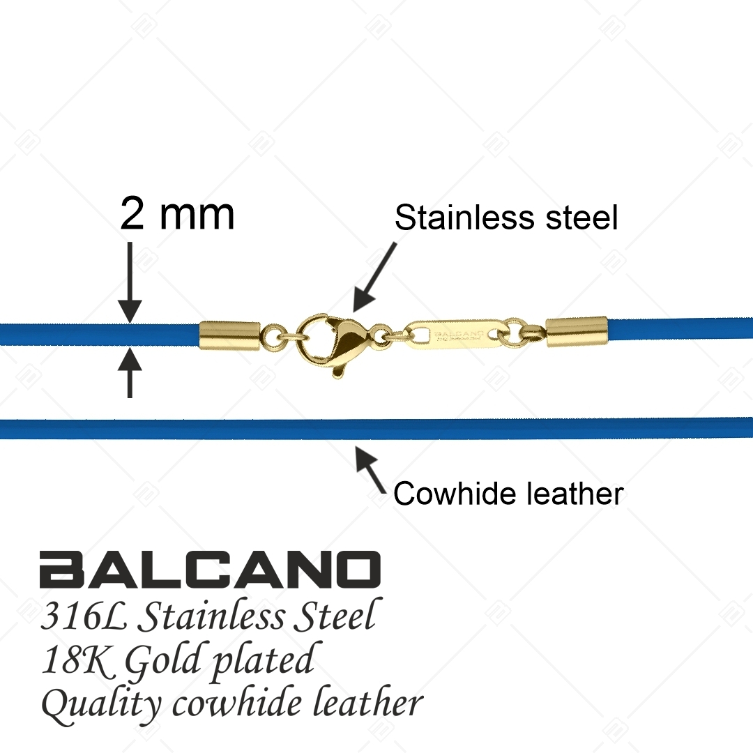 BALCANO - Cordino / Collier en cuir bleu avec fermoir à pince de homard en acier inoxydable, plaqué or 18K - 2 mm (552088LT48)