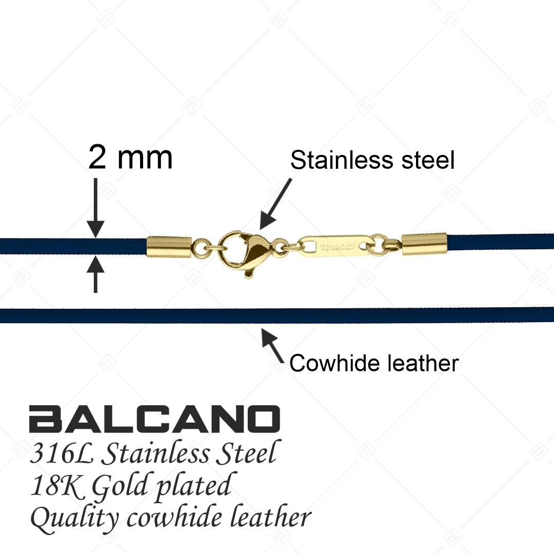 BALCANO - Cordino / Collier en cuir bleu foncé avec fermoir à pince de homard en acier inoxydable, plaqué or 18K - 2 mm (552088LT49)