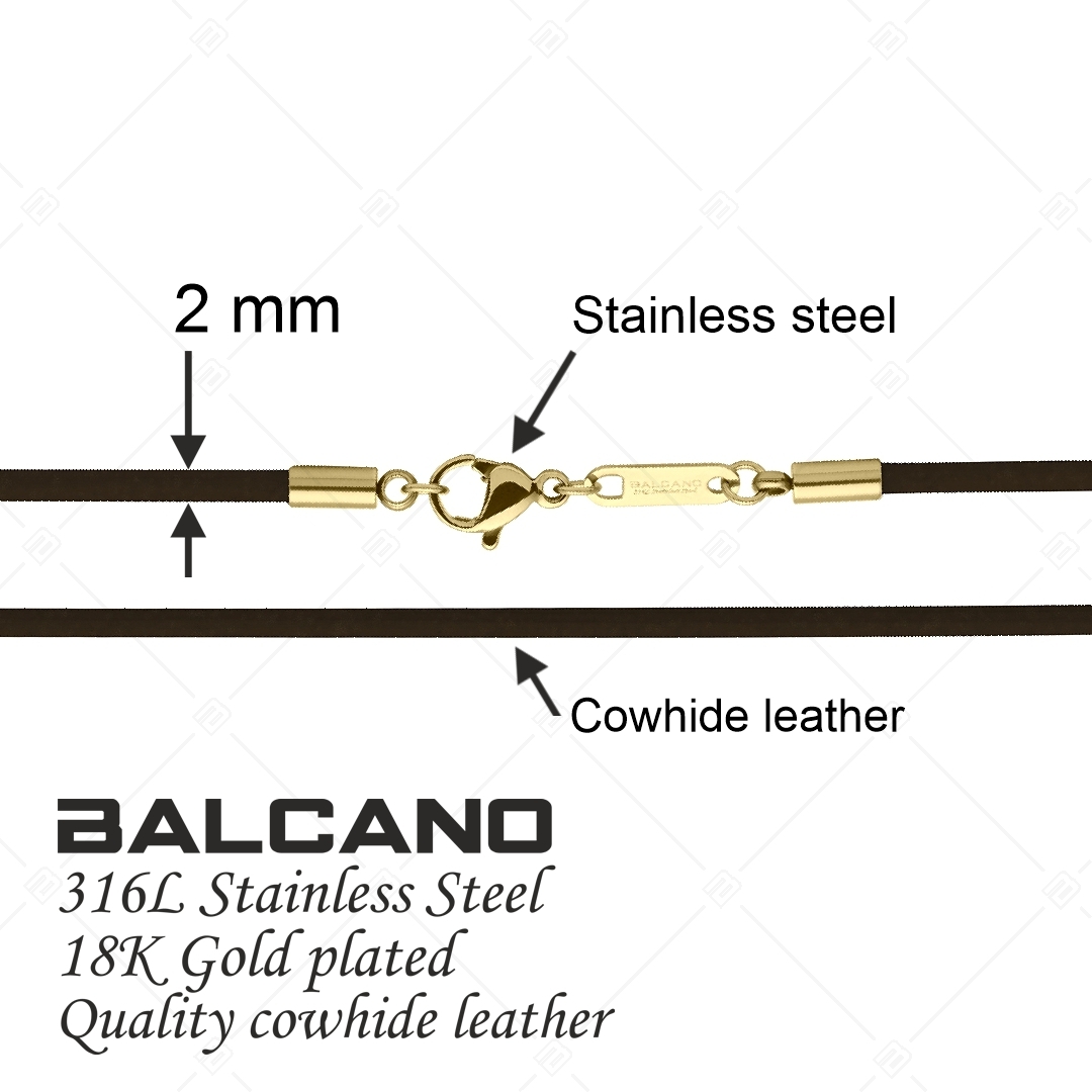 BALCANO - Cordino / Collier en cuir brun foncé avec fermoir à pince de homard en acier inoxydable, plaqué or 18K - 2 mm (552088LT69)