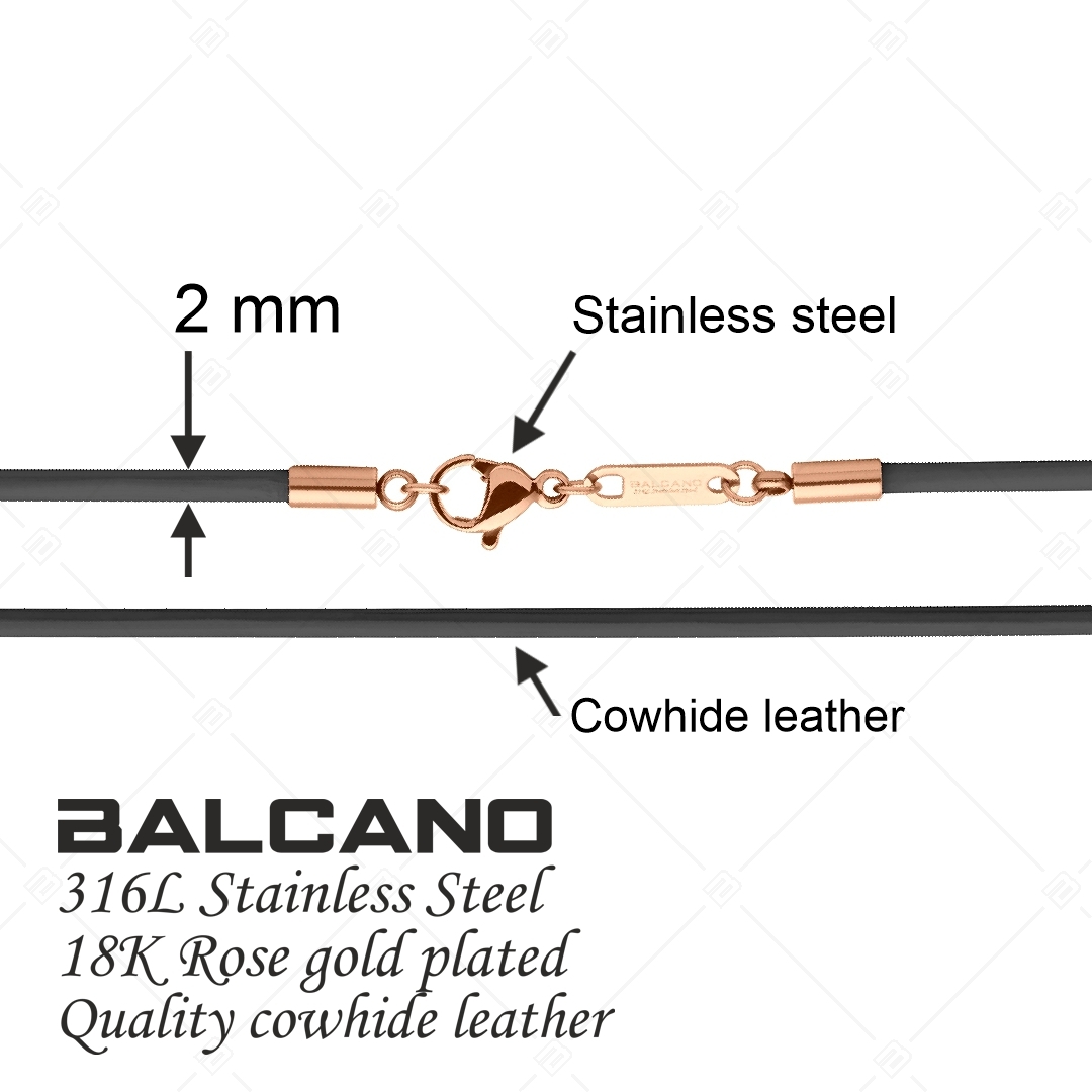 BALCANO - Cordino / Black Leather Necklace With 18K Rose Gold Plated Stainless Steel Lobster Claw Clasp - 2 mm (552096LT11)