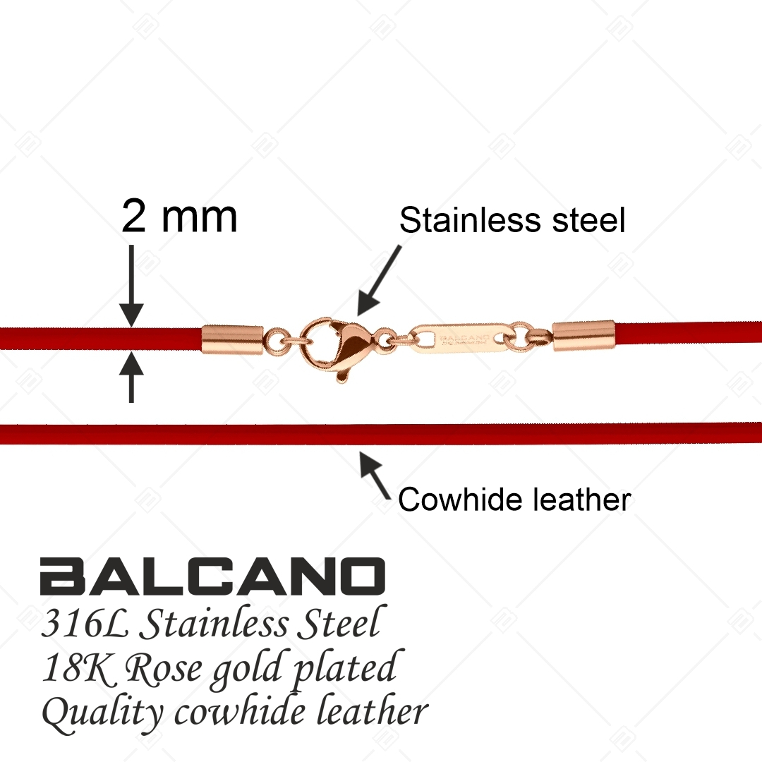 BALCANO - Cordino / Collier en cuir rouge avec fermoir à pince de homard en acier inoxydable, plaqué or rose 18K - 2 mm (552096LT22)